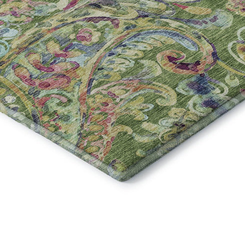 8' Fern Green Blue And Pink Paisley Washable Round Rug With UV Protection