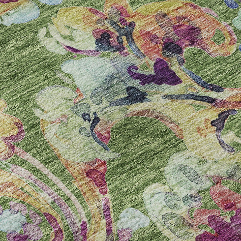 8' Fern Green Blue And Pink Paisley Washable Round Rug With UV Protection