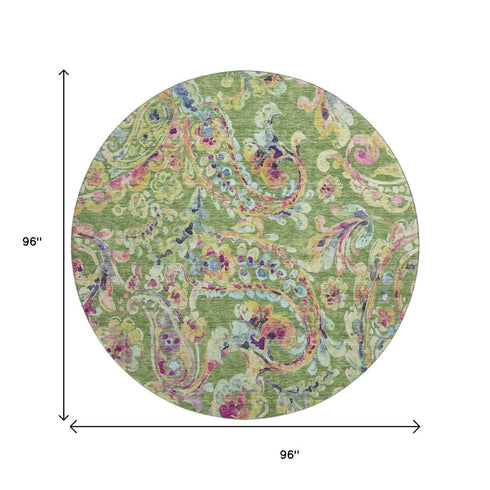 8' Fern Green Blue And Pink Paisley Washable Round Rug With UV Protection