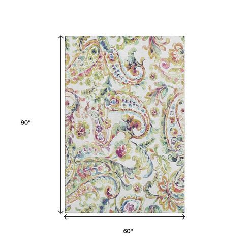 5' X 8' Ivory Blue And Pink Paisley Washable Area Rug With UV Protection