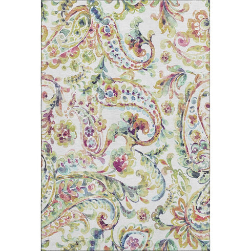 5' X 8' Ivory Blue And Pink Paisley Washable Area Rug With UV Protection