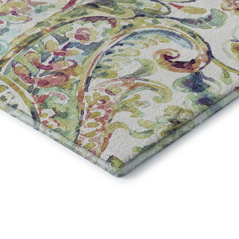 5' X 8' Ivory Blue And Pink Paisley Washable Area Rug With UV Protection
