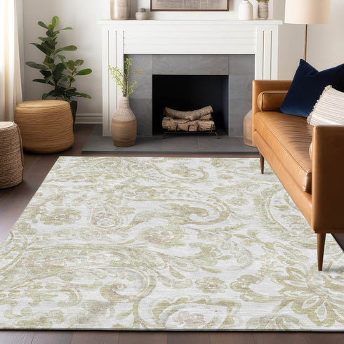 9' X 12' Beige And Ivory Paisley Washable Area Rug With UV Protection