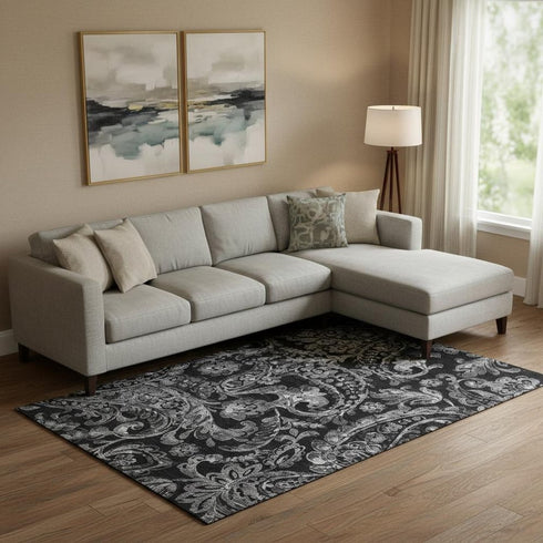 8' X 10' Black And Silver Paisley Washable Area Rug With UV Protection