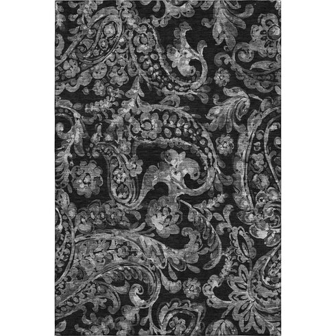 8' X 10' Black And Silver Paisley Washable Area Rug With UV Protection