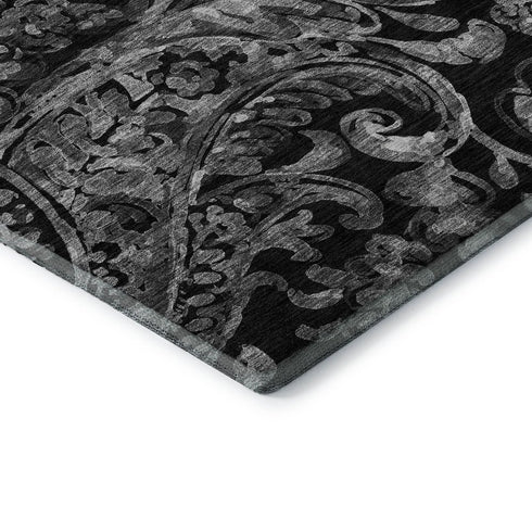 8' X 10' Black And Silver Paisley Washable Area Rug With UV Protection