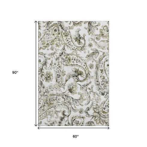 5' X 8' Brown And Ivory Paisley Washable Area Rug With UV Protection