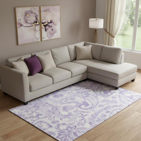 9' X 12' Lavender And Ivory Paisley Washable Area Rug With UV Protection