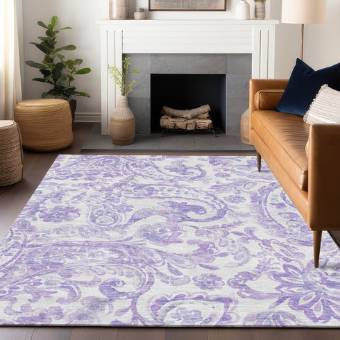 9' X 12' Lavender And Ivory Paisley Washable Area Rug With UV Protection