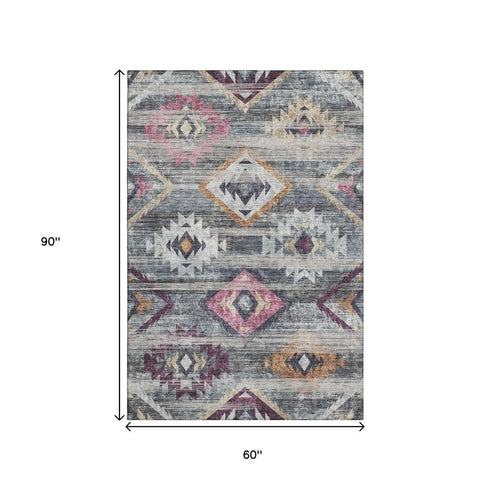 5' X 8' Gray Gold And Blush Southwestern Washable Area Rug With UV Protection