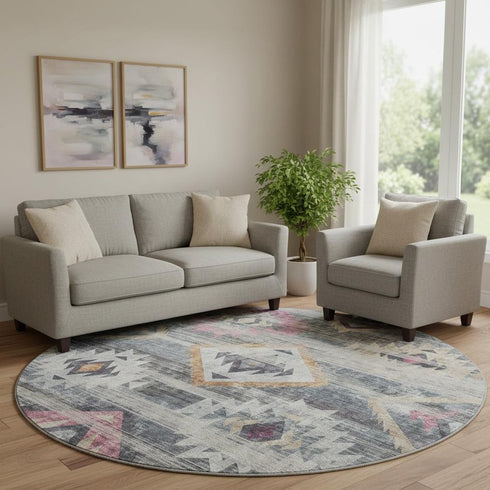 8' Gray Gold And Blush Southwestern Washable Round Rug With UV Protection