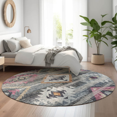 8' Gray Gold And Blush Southwestern Washable Round Rug With UV Protection