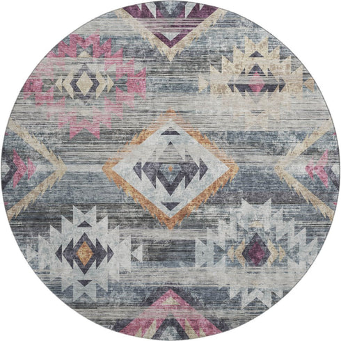 8' Gray Gold And Blush Southwestern Washable Round Rug With UV Protection