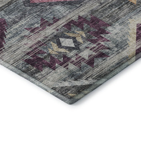 8' Gray Gold And Blush Southwestern Washable Round Rug With UV Protection