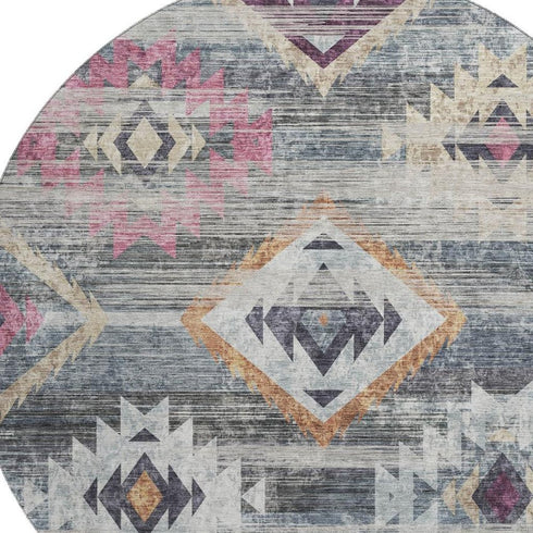 8' Gray Gold And Blush Southwestern Washable Round Rug With UV Protection