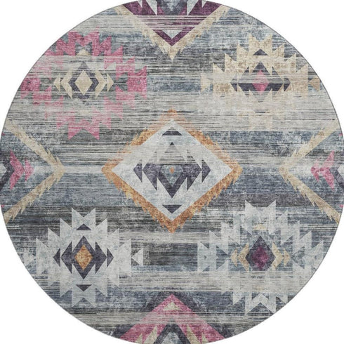 8' Gray Gold And Blush Southwestern Washable Round Rug With UV Protection