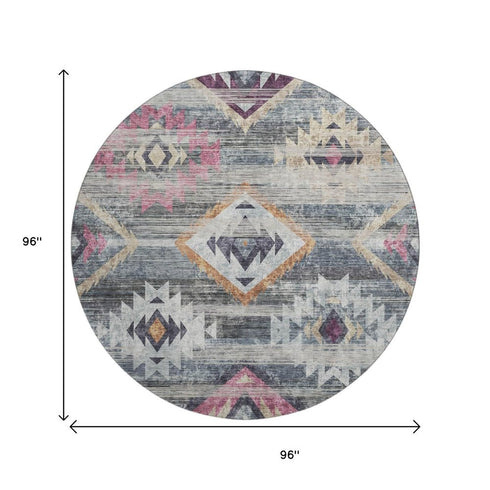 8' Gray Gold And Blush Southwestern Washable Round Rug With UV Protection