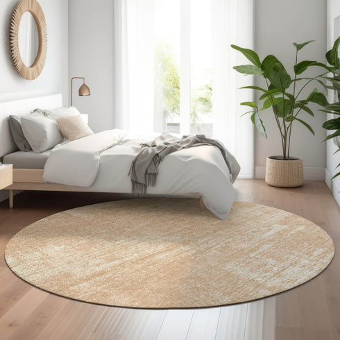 8' Coral And Ivory Abstract Washable Round Rug With UV Protection