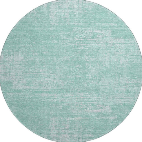 8' Turquoise And Ivory Abstract Washable Round Rug With UV Protection
