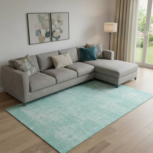 8' X 10' Turquoise And Ivory Abstract Washable Area Rug With UV Protection