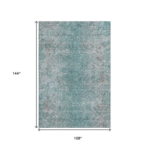 9' X 12' Teal And Gray Abstract Washable Area Rug With UV Protection
