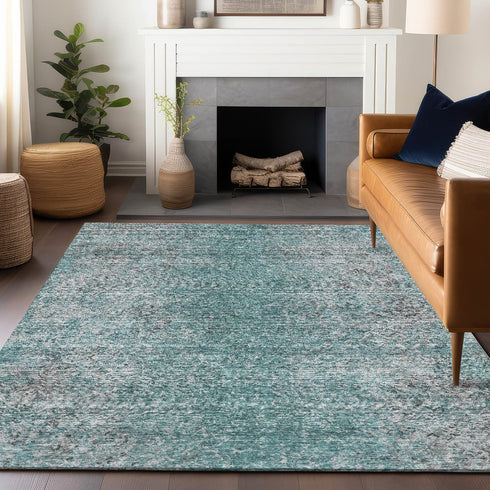 9' X 12' Teal And Gray Abstract Washable Area Rug With UV Protection