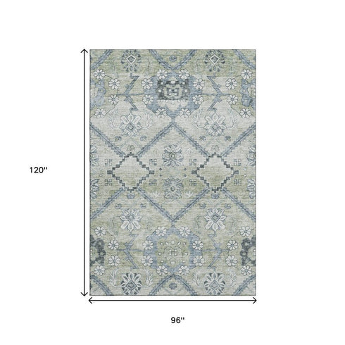 8' X 10' Artichoke Green And Gray Floral Washable Area Rug With UV Protection
