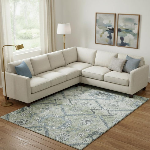 8' X 10' Artichoke Green And Gray Floral Washable Area Rug With UV Protection