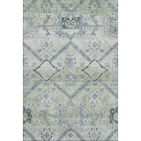 8' X 10' Artichoke Green And Gray Floral Washable Area Rug With UV Protection