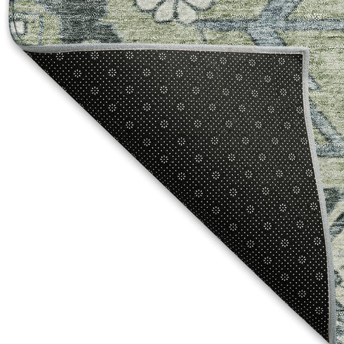 8' X 10' Artichoke Green And Gray Floral Washable Area Rug With UV Protection
