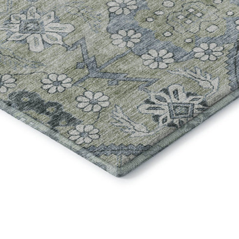 8' X 10' Artichoke Green And Gray Floral Washable Area Rug With UV Protection
