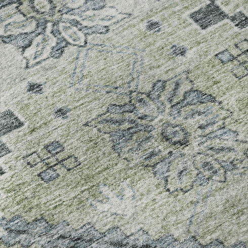8' X 10' Artichoke Green And Gray Floral Washable Area Rug With UV Protection