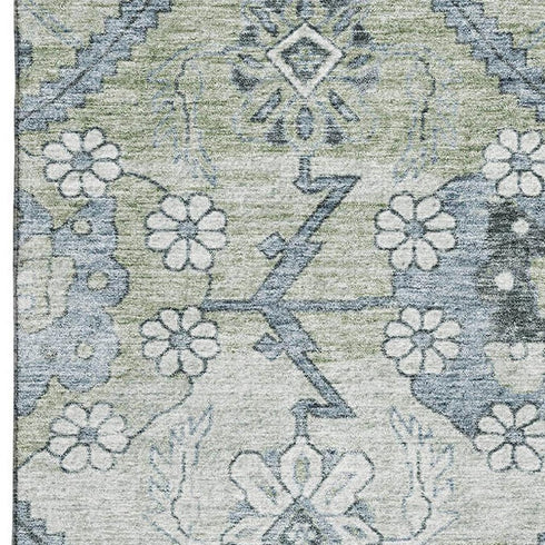 8' X 10' Artichoke Green And Gray Floral Washable Area Rug With UV Protection