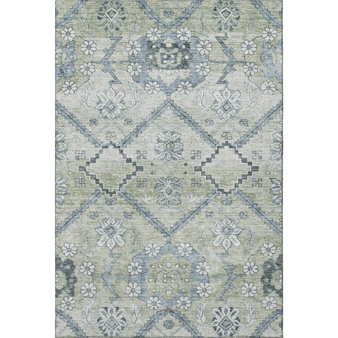 8' X 10' Artichoke Green And Gray Floral Washable Area Rug With UV Protection