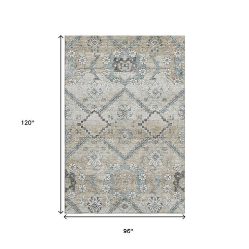 8' X 10' Beige And Gray Floral Washable Area Rug With UV Protection