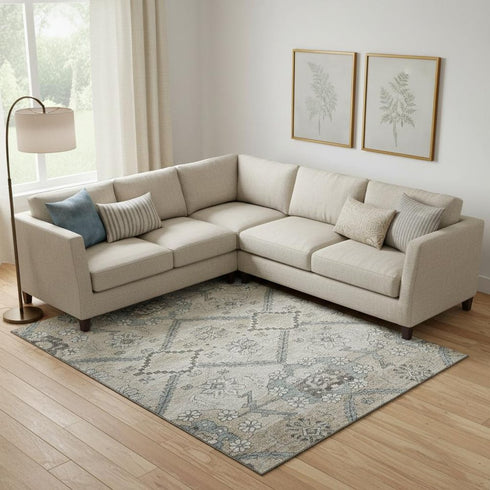 8' X 10' Beige And Gray Floral Washable Area Rug With UV Protection