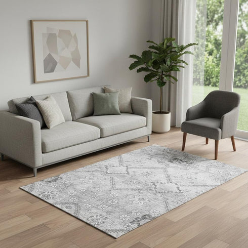 5' X 8' Gray And Silver Floral Washable Area Rug With UV Protection