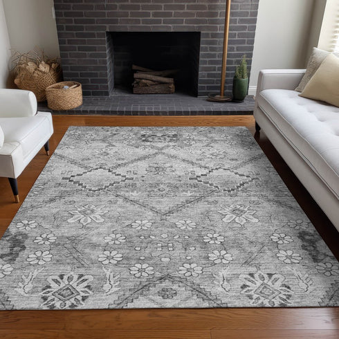 8' X 10' Gray And Silver Floral Washable Area Rug With UV Protection