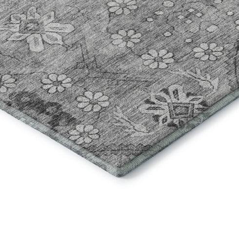 8' X 10' Gray And Silver Floral Washable Area Rug With UV Protection