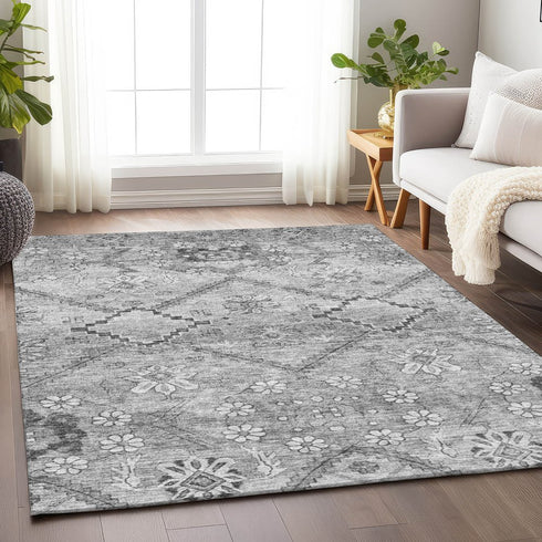 8' X 10' Gray And Silver Floral Washable Area Rug With UV Protection