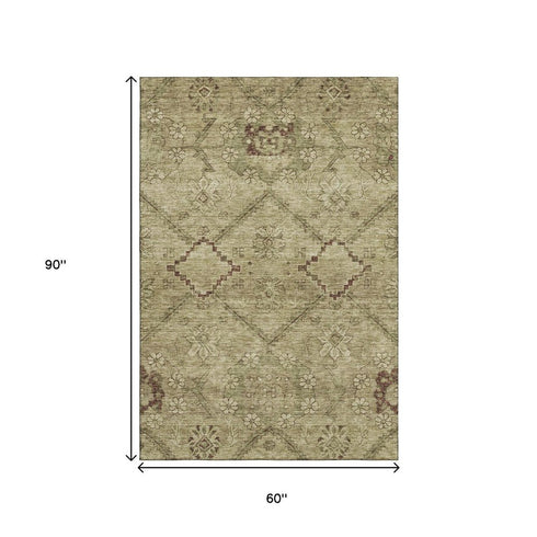 5' X 8' Brown And Beige Floral Washable Area Rug With UV Protection