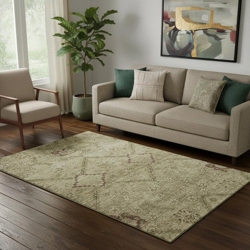5' X 8' Brown And Beige Floral Washable Area Rug With UV Protection