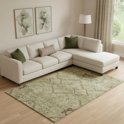 8' X 10' Brown And Beige Floral Washable Area Rug With UV Protection
