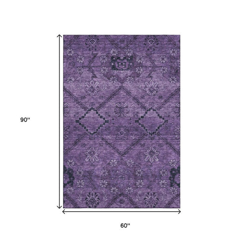 5' X 8' Eggplant And Gray Floral Washable Area Rug With UV Protection