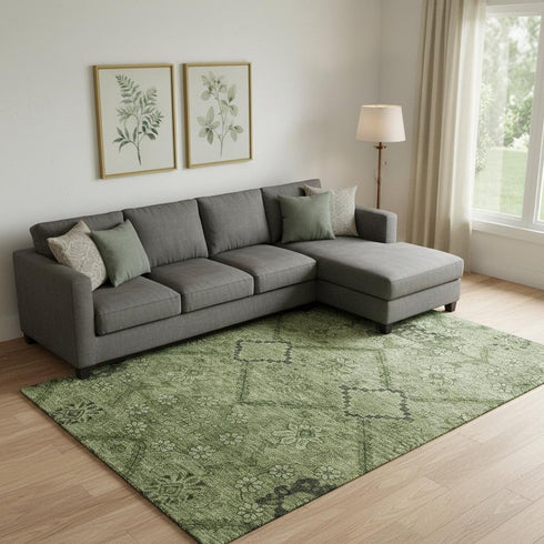 8' X 10' Olive Green And Gray Floral Washable Area Rug With UV Protection
