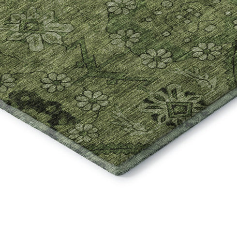 8' X 10' Olive Green And Gray Floral Washable Area Rug With UV Protection