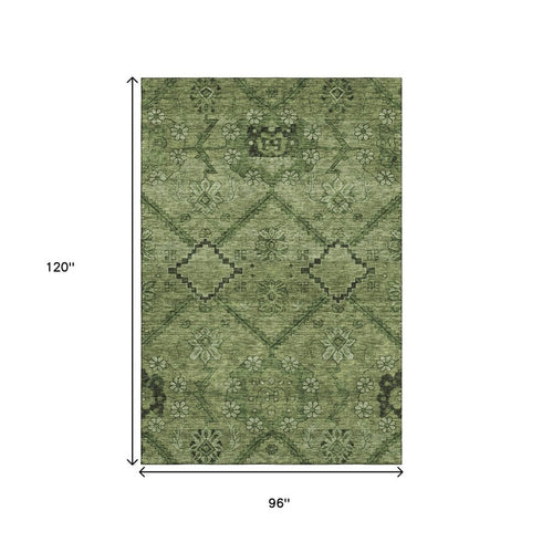 8' X 10' Olive Green And Gray Floral Washable Area Rug With UV Protection