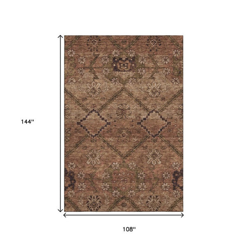9' X 12' Rust And Copper Floral Washable Area Rug With UV Protection