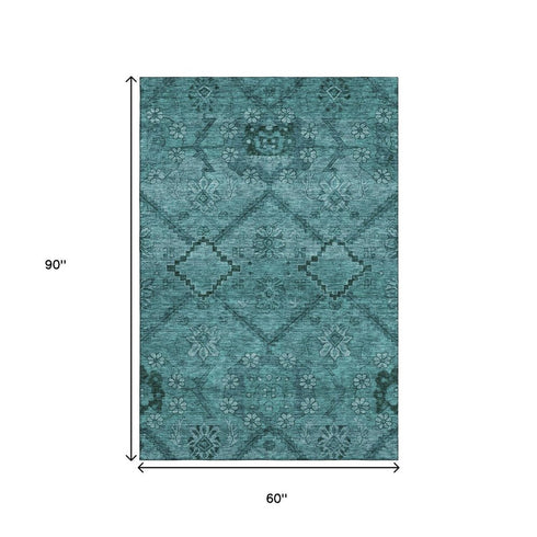 5' X 8' Teal And Gray Floral Washable Area Rug With UV Protection