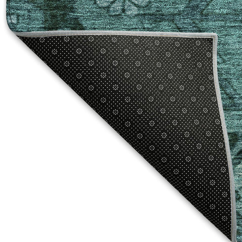 5' X 8' Teal And Gray Floral Washable Area Rug With UV Protection